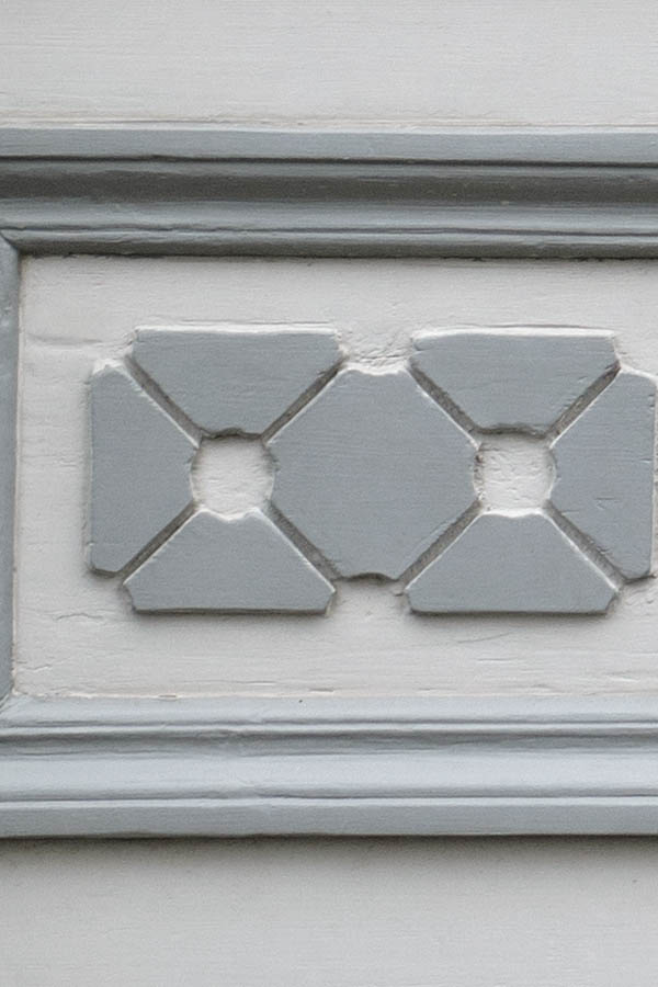 Photo 27035: Grey and white, panelled, carved double door with banisters