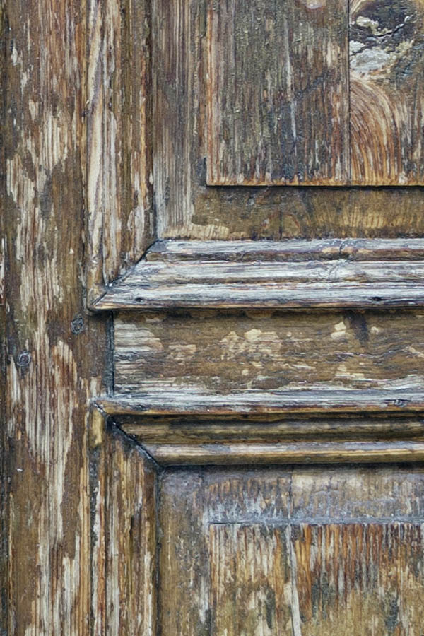 Photo 27131: Worn, unpainted, panelled double door with door lights