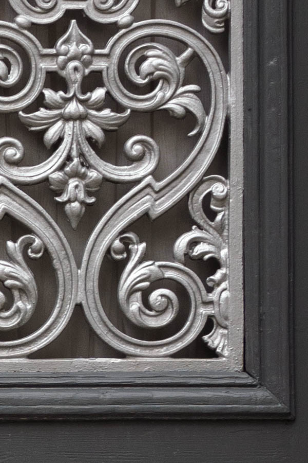 Photo 27133: Panelled, grey double door with white lattice