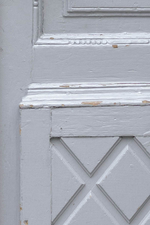 Photo 27146: Panelled, light grey, carved double door with carved pilastre and top light