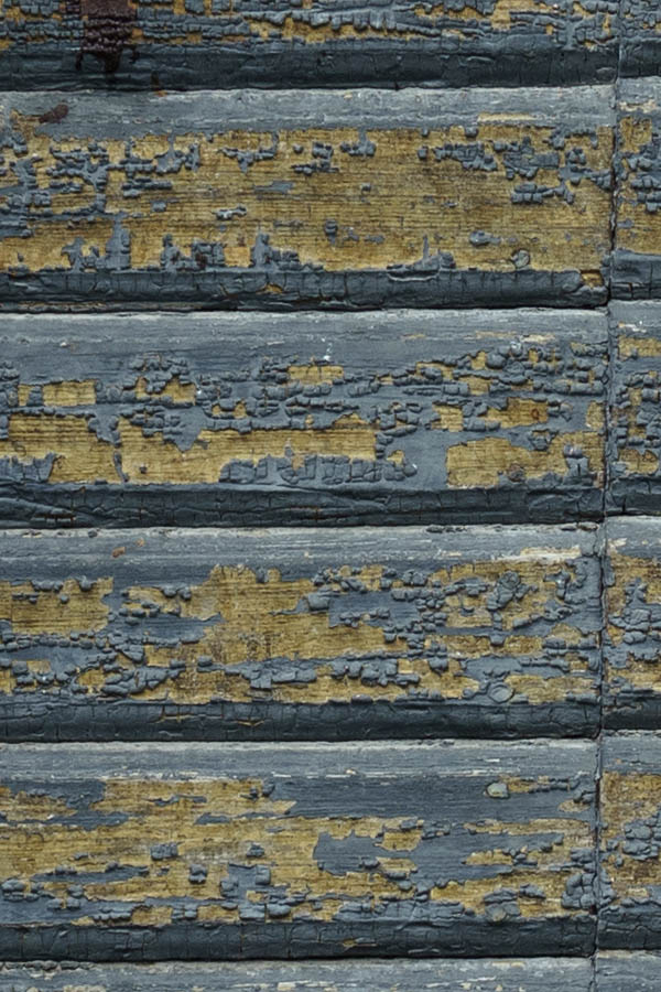 Photo 27202: Worn, teal double door made of boards in an unpainted frame