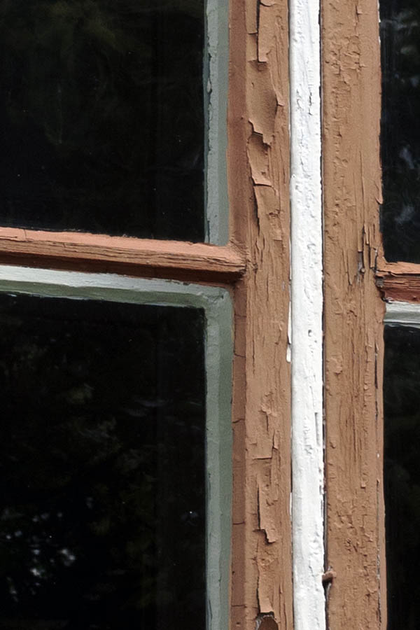 Photo 27363: Worn, light brown window with two frames and six panes