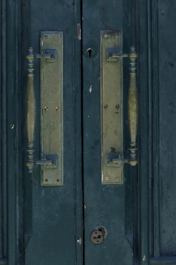 Photo 27372: Carved, panelled, teal double door in a white, carved frame with fan light
