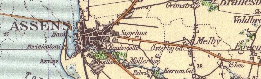 Kort over Assens, f&aelig;rgeruten og landevejen mod Odense - A map of Assens town, the ferry, and the highway towards Odense