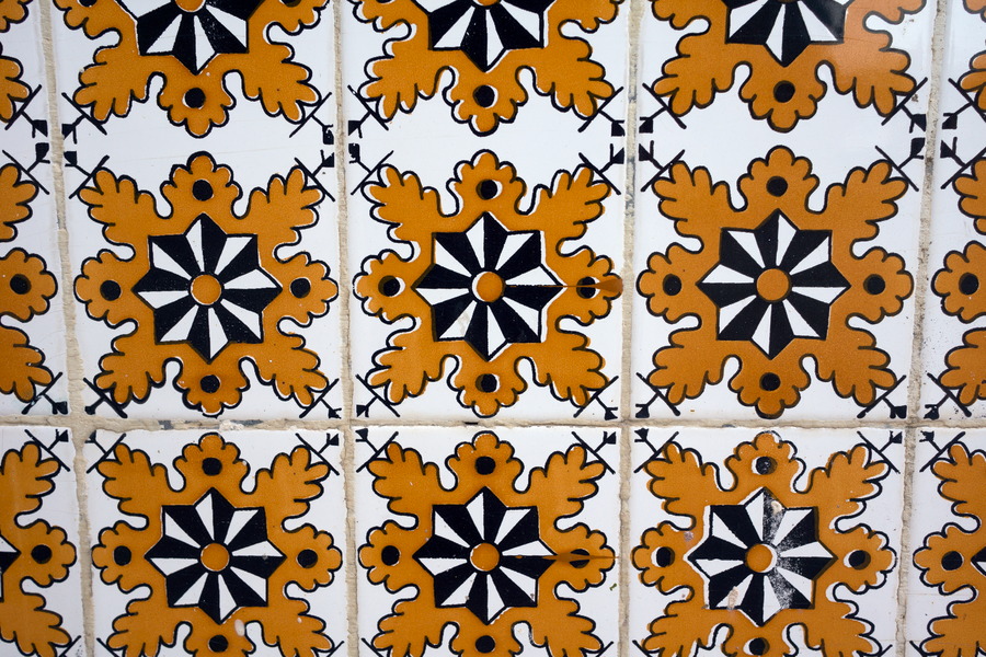 Photo 24495: Wall with hand-painted tiles in light brown and black