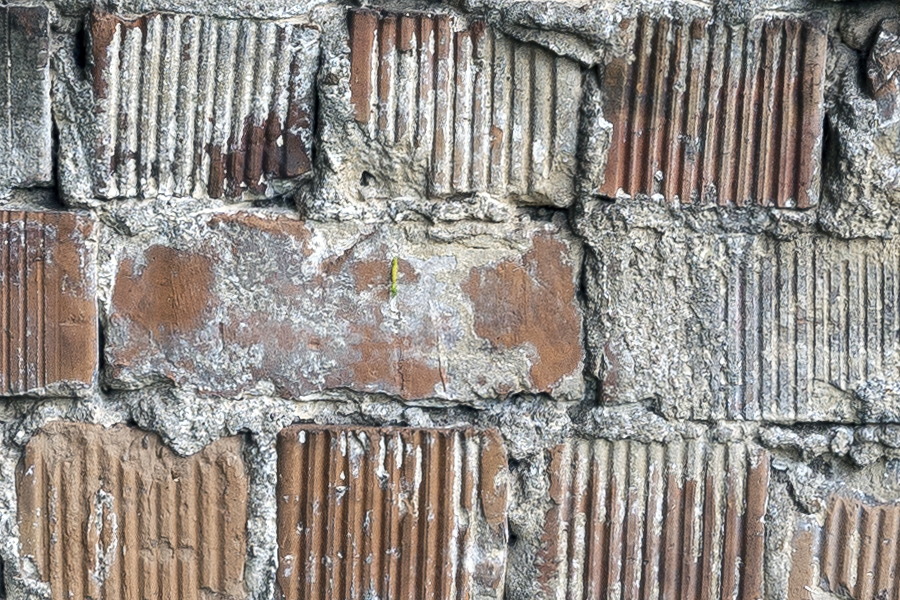 Photo 20090: Worn wall of yellow and red bricks